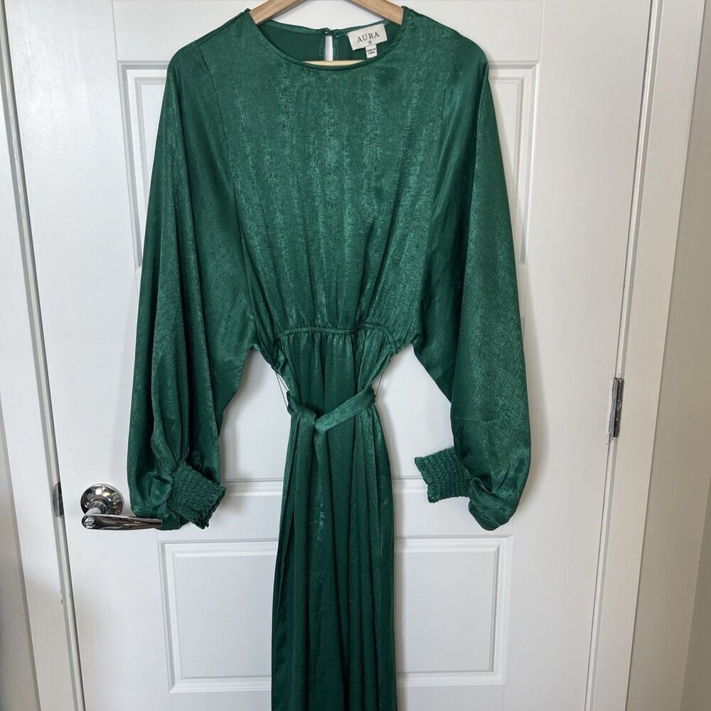 Aura Emerald Green Satin Maxi Dress With A Tie Belt Slit Long Puff Sleeves Small